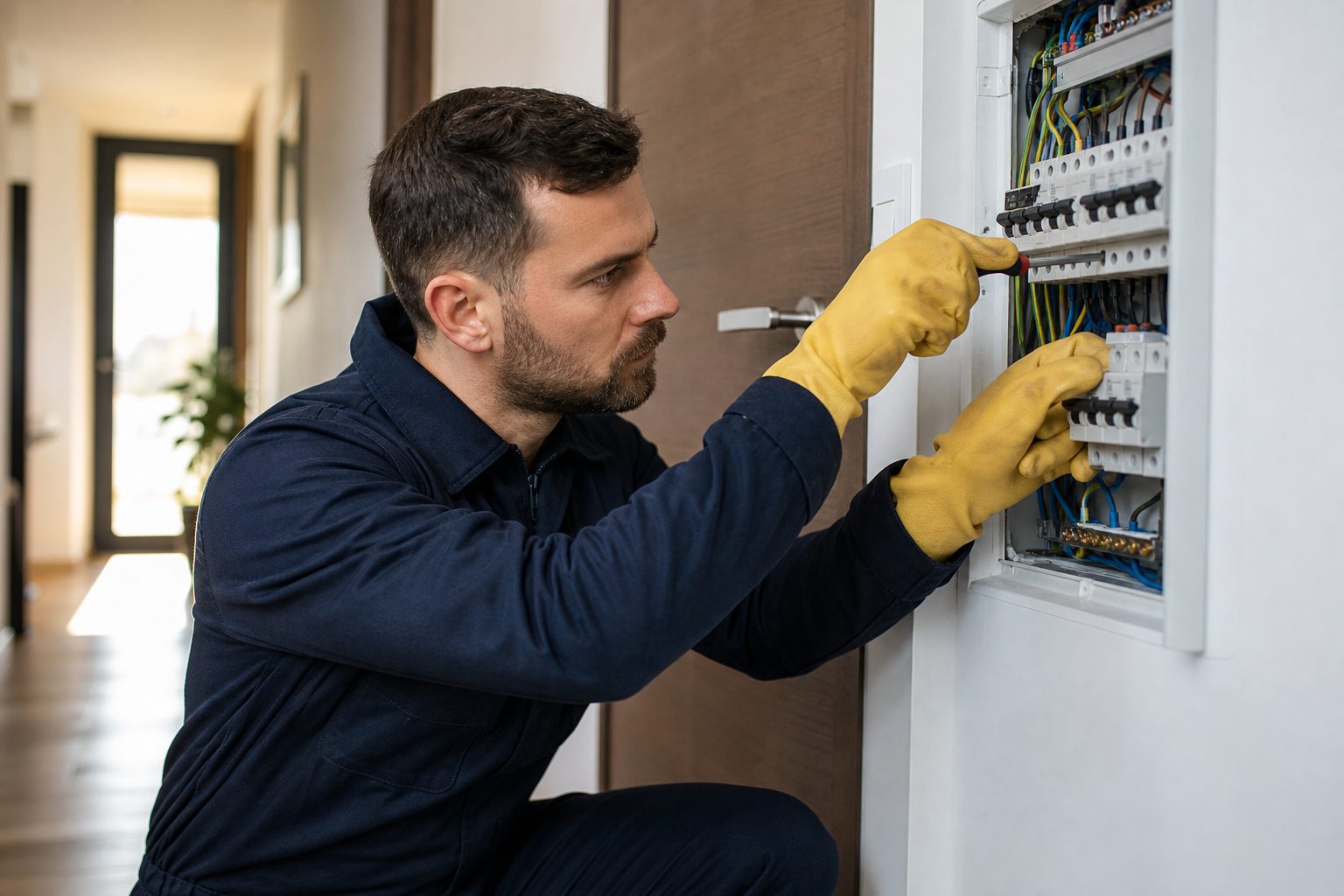 Električar kleči i popravlja otvoren razvodni orman u stambenom hodniku – hitne intervencije u Nišu, dostupni 0-24h