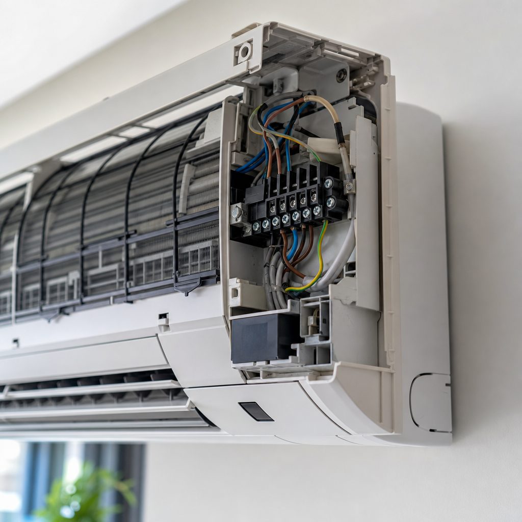 Unutrašnja klima jedinica sa otvorenim poklopcem i ožičenjem – elektro servis klima uređaja u Nišu